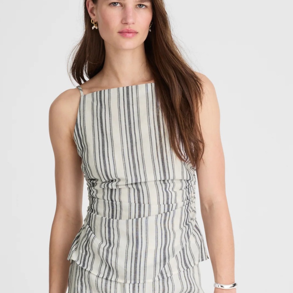 Ruched Squareneck Tank in Linen-Cotton